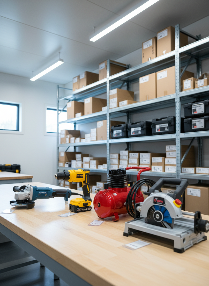 A neatly arranged selection of professional power tools displayed in a clean, well-lit rental warehouse. A sturdy blue and silver angle grinder, bright yellow drill, compact red compressor, and an industrial grey tile cutter rest on a smooth light-wood workbench with clear pricing tags labeled “Til leie”. Behind them, tall metal shelving holds organized boxes and labeled cases. Soft, diffused daylight streams in from high side windows, complemented by cool LED ceiling lights that create crisp, realistic reflections on metal surfaces. The mood is professional, trustworthy, and efficient. Photographic realism, shot at eye level with sharp focus throughout, using a slightly wide angle that captures both the tools and their orderly environment, emphasizing clarity, reliability, and readiness for immediate use.