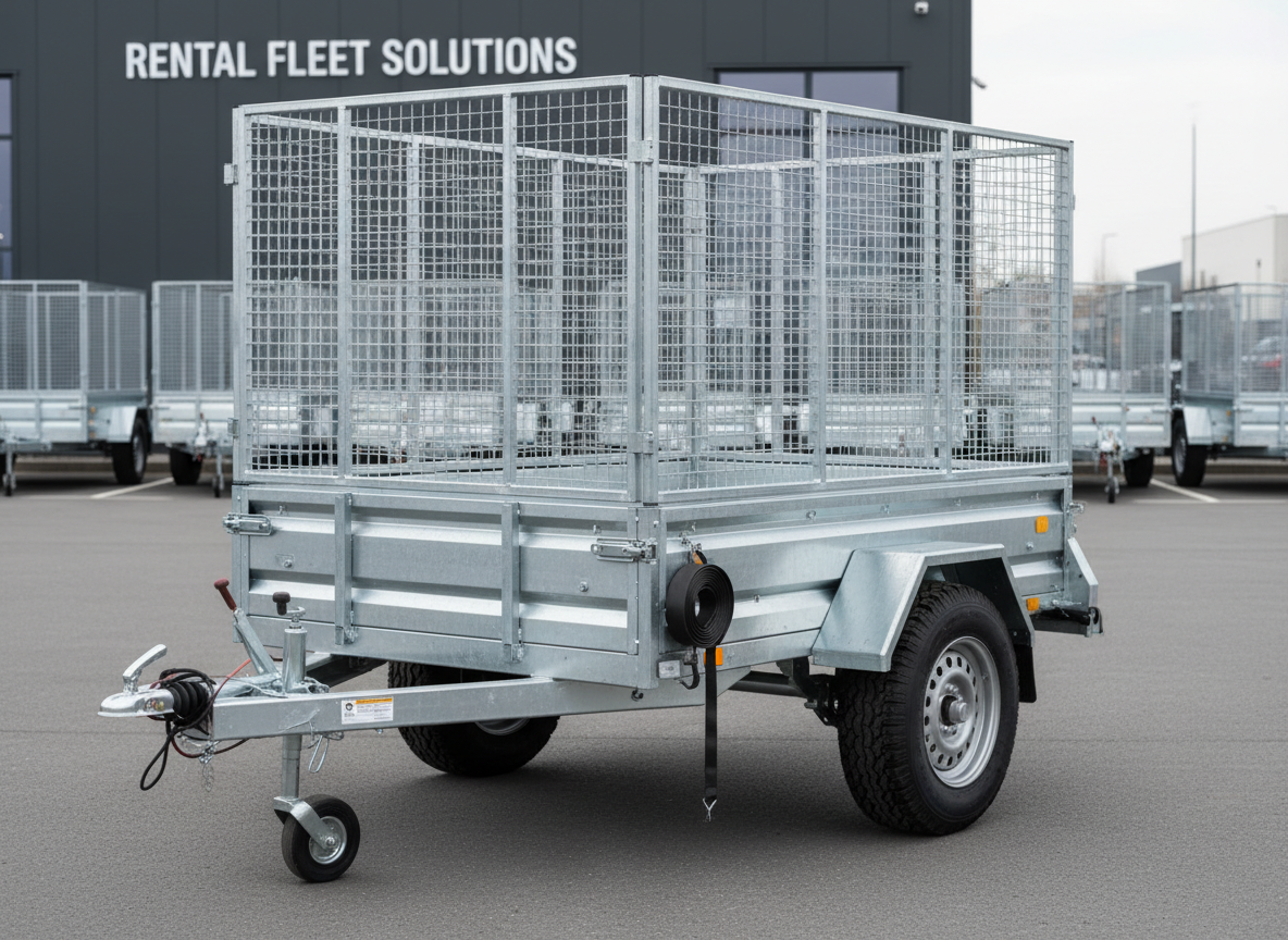 A robust, galvanized steel tilhenger (utility trailer) with high mesh sides parked on a clean asphalt lot outside a modern rental facility. The trailer’s metal frame gleams slightly, showcasing heavy-duty tires, secure latches, and a neatly rolled tie-down strap hanging from the side. In the background, a subtle, blurred view of additional trailers and a dark grey building façade with minimalist signage hints at a well-organized fleet. Captured in soft overcast daylight, the lighting provides even, natural illumination with gentle shadows under the trailer. The composition uses a three-quarter front angle at eye level, emphasizing the trailer’s capacity and solid construction. The mood is practical and dependable, with photographic realism and a clean, modern aesthetic ideal for a professional rental business.