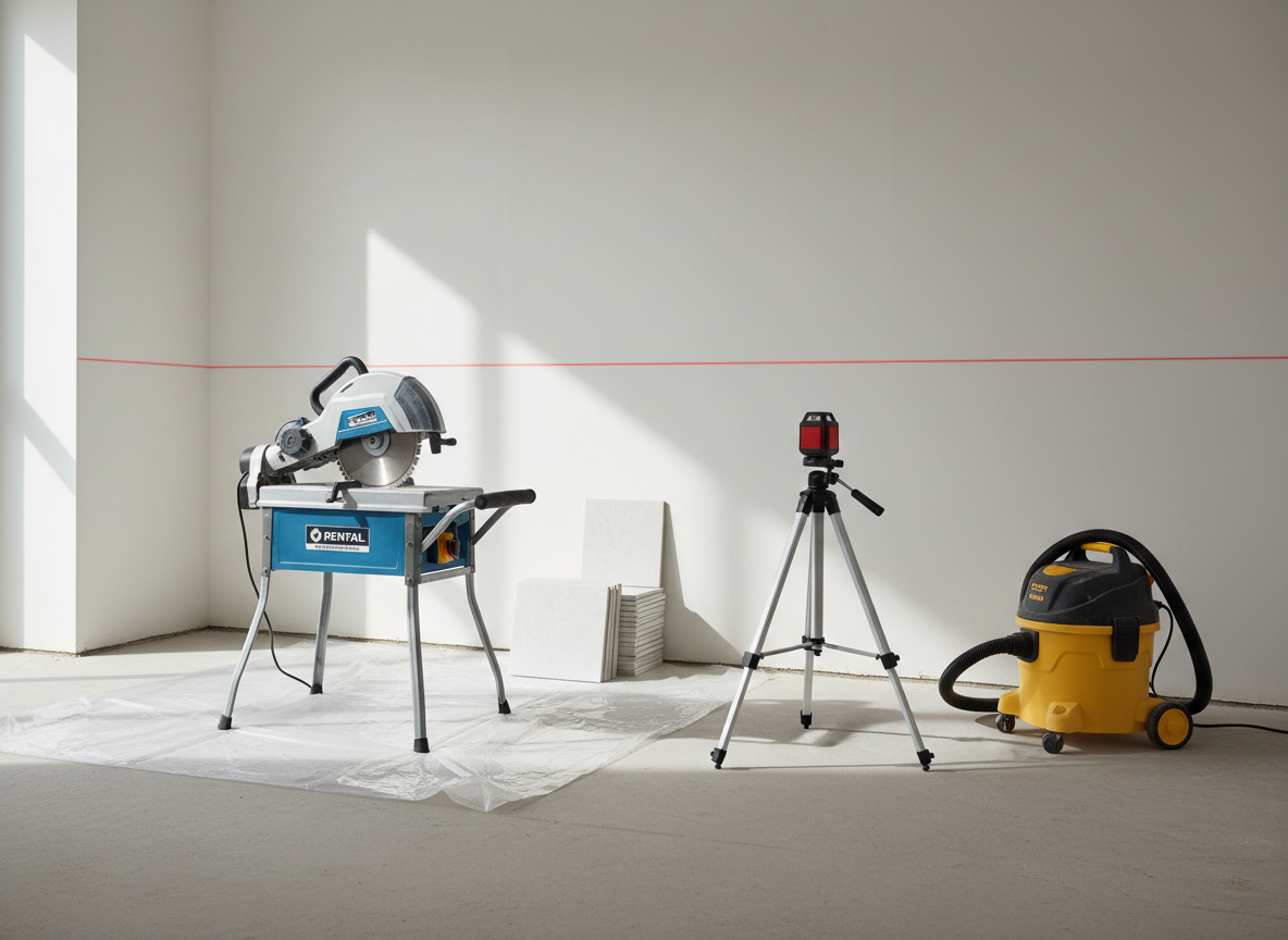 A bright, organized home project scene featuring a rented compact tile saw, a laser level, and a wet vacuum set up in a minimalist, unfinished room. The tile saw with a clean diamond blade stands on collapsible metal legs over a protective plastic sheet, with a neat stack of ceramic tiles beside it. The laser level projects a crisp red line across a bare white wall, while the wet vacuum waits in the corner with hose coiled tidily. Natural daylight filters through an unseen window, casting soft, even light and mild shadows across the tools and concrete floor. Photographic realism, shot from an eye-level, slightly diagonal angle using the rule of thirds. The mood is calm, methodical, and empowering, showing how rented tools make once-off renovation jobs efficient without cluttering storage.