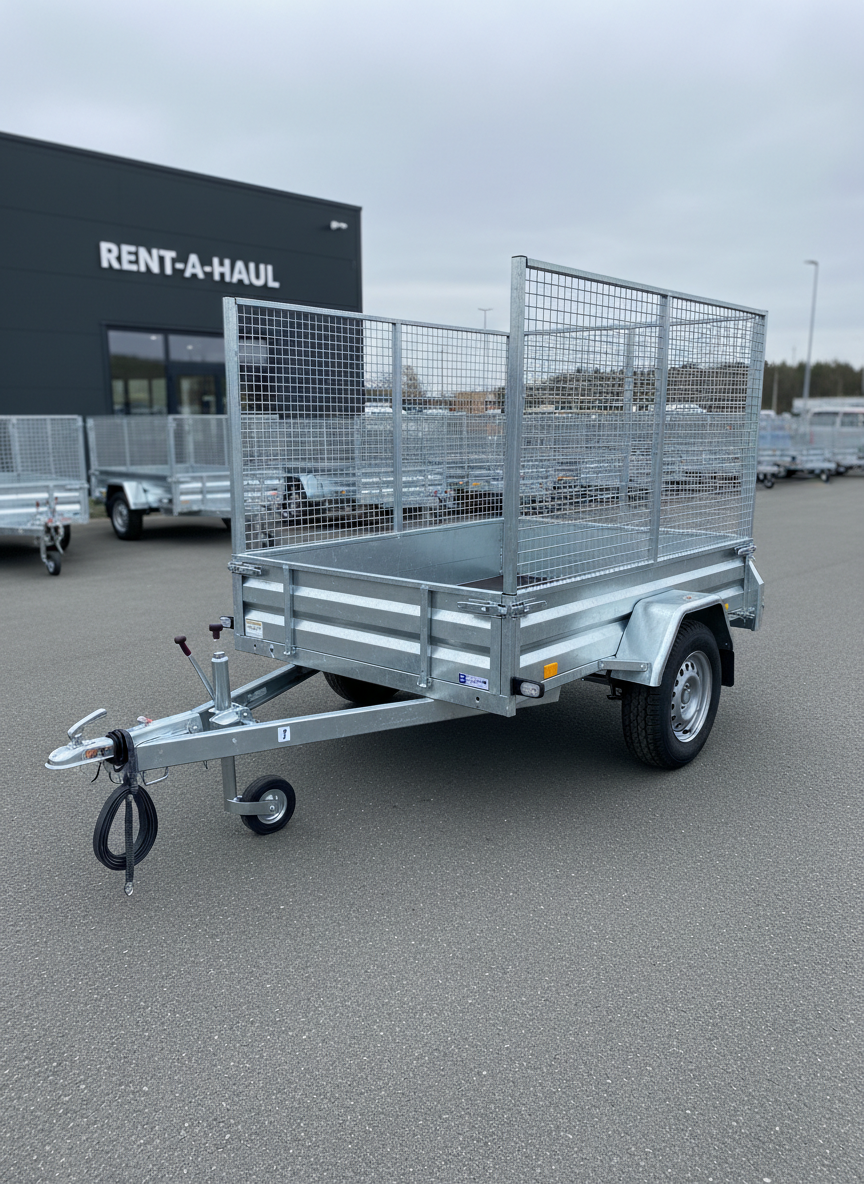 A robust, galvanized steel tilhenger (utility trailer) with high mesh sides parked on a clean asphalt lot outside a modern rental facility. The trailer’s metal frame gleams slightly, showcasing heavy-duty tires, secure latches, and a neatly rolled tie-down strap hanging from the side. In the background, a subtle, blurred view of additional trailers and a dark grey building façade with minimalist signage hints at a well-organized fleet. Captured in soft overcast daylight, the lighting provides even, natural illumination with gentle shadows under the trailer. The composition uses a three-quarter front angle at eye level, emphasizing the trailer’s capacity and solid construction. The mood is practical and dependable, with photographic realism and a clean, modern aesthetic ideal for a professional rental business.