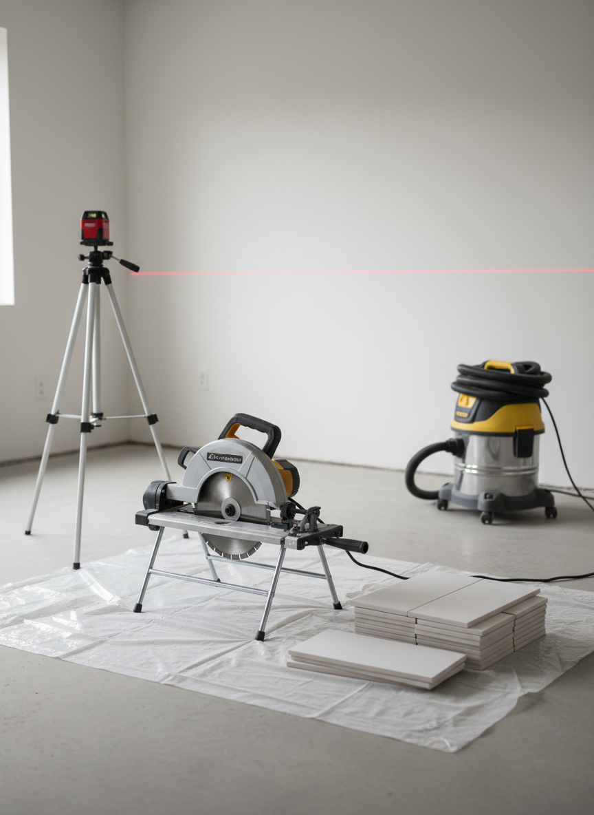 A bright, organized home project scene featuring a rented compact tile saw, a laser level, and a wet vacuum set up in a minimalist, unfinished room. The tile saw with a clean diamond blade stands on collapsible metal legs over a protective plastic sheet, with a neat stack of ceramic tiles beside it. The laser level projects a crisp red line across a bare white wall, while the wet vacuum waits in the corner with hose coiled tidily. Natural daylight filters through an unseen window, casting soft, even light and mild shadows across the tools and concrete floor. Photographic realism, shot from an eye-level, slightly diagonal angle using the rule of thirds. The mood is calm, methodical, and empowering, showing how rented tools make once-off renovation jobs efficient without cluttering storage.