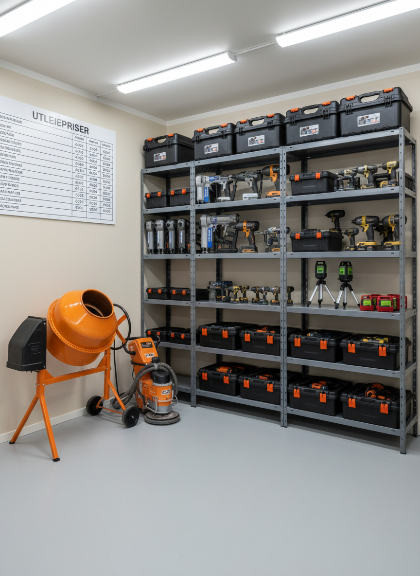 A compact, well-organized verktøyutleie corner inside a tidy garage-style space. On a matte grey metal shelving system stand neatly aligned nail guns, impact drivers, and laser levels in their branded plastic cases, while heavier rental items like a concrete mixer and floor grinder are positioned on the smooth epoxy floor below. A large, clearly printed rental price board hangs on the light-colored wall, subtly visible but out of focus. Cool white LED strip lighting from above creates even illumination, highlighting textures of plastic, rubber, and brushed metal. Photographic realism, shot from a slightly elevated angle with moderate depth of field so the front tools are sharp while the background softly blurs. The mood is efficient, orderly, and reassuring, conveying that everything needed for a one-time job is easily accessible and professionally maintained.